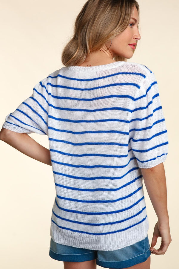 America Letter Embroidery Striped Knit Top