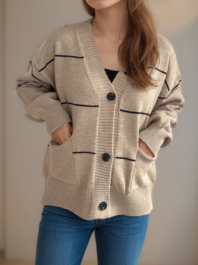 Lorelia Striped Button Down V-Neck Long Sleeve Cardigan