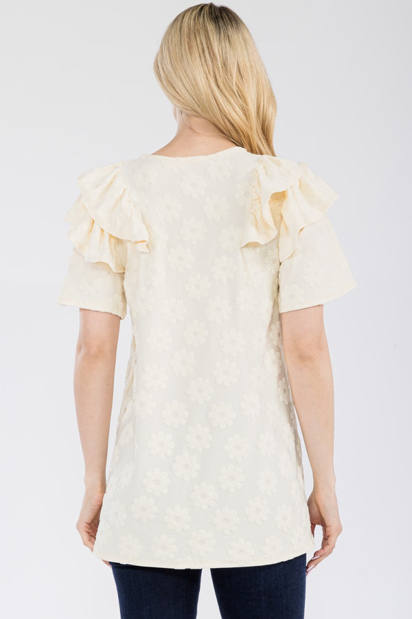 Tatum Full Size Ruffle Layered Short Sleeve Daisy Floral Top