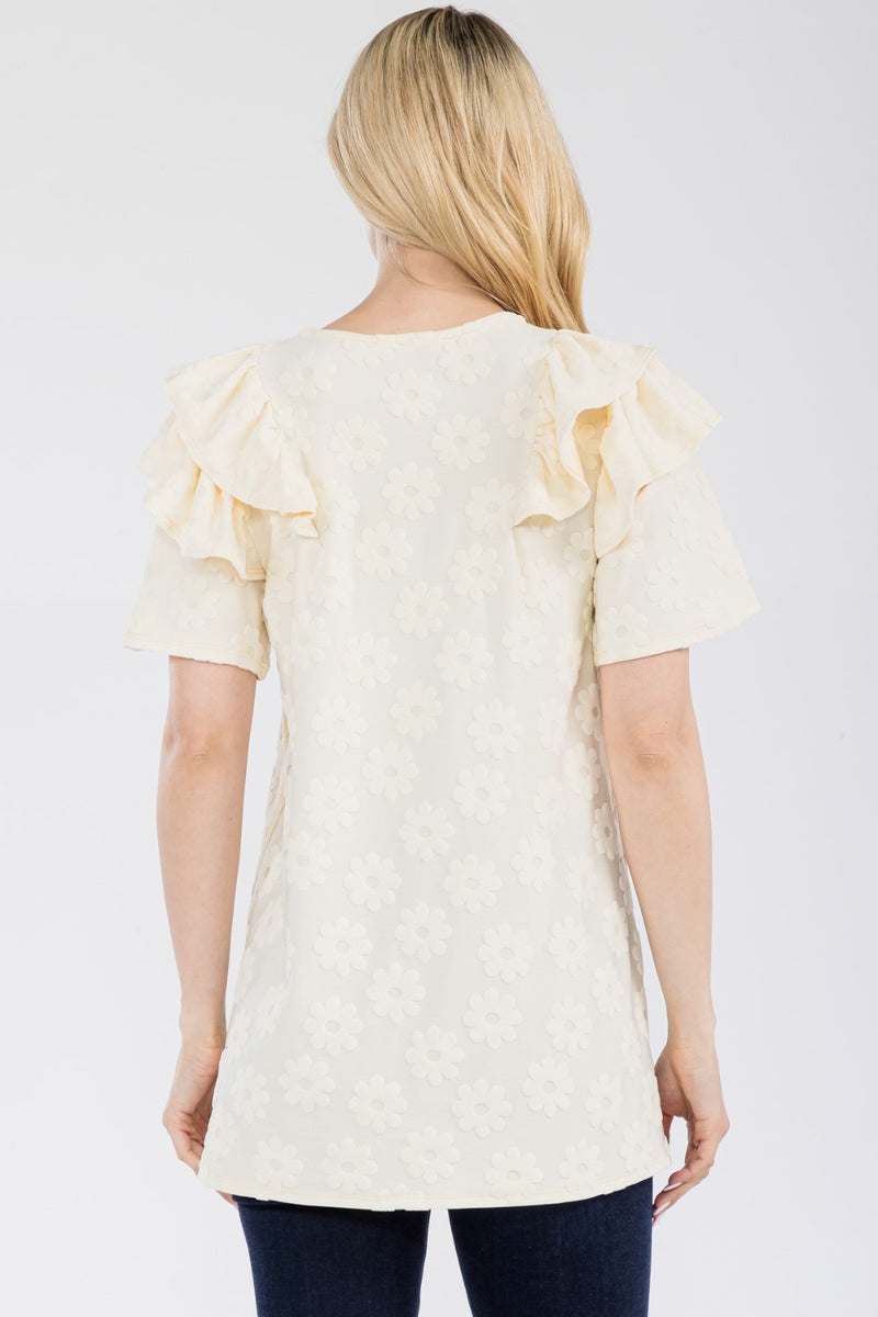 Tatum Full Size Ruffle Layered Short Sleeve Daisy Floral Top