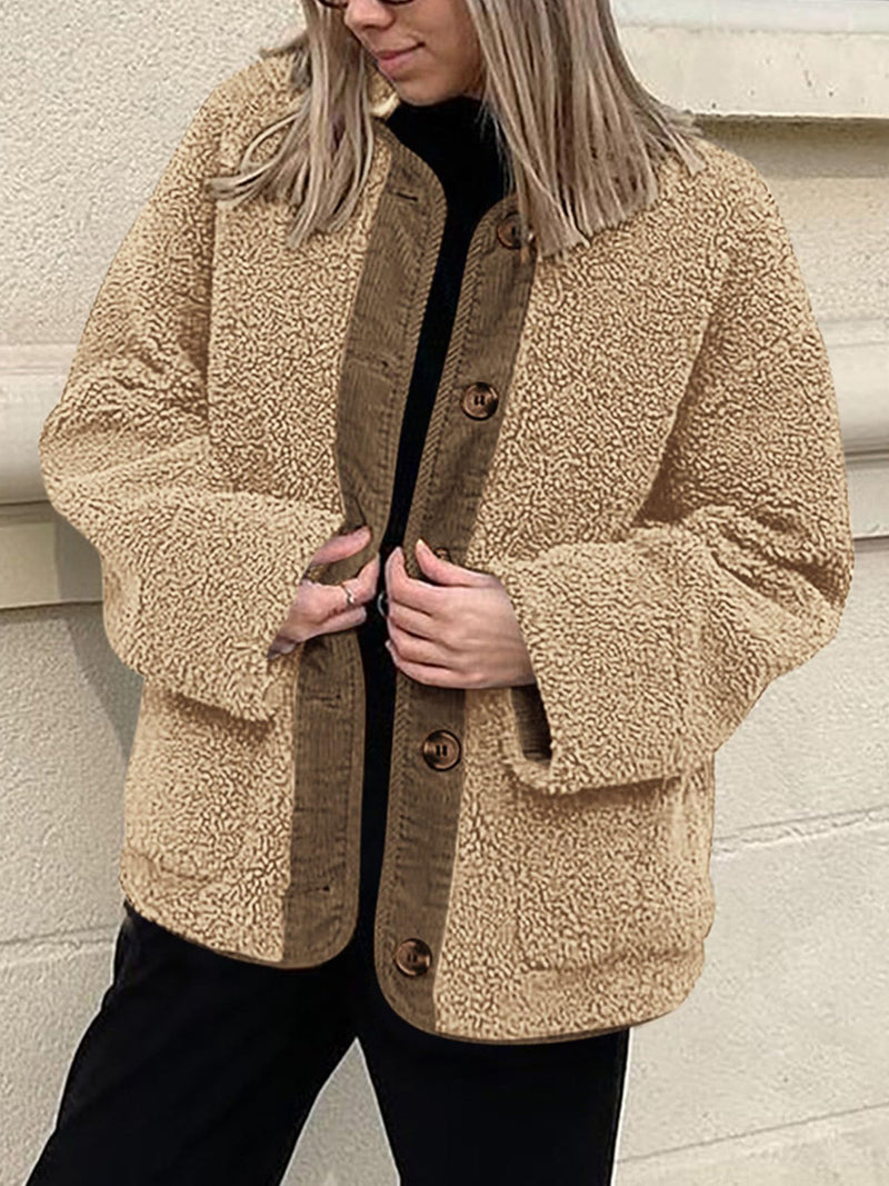 Riley Contrast Button Up Sherpa Jacket with Pockets