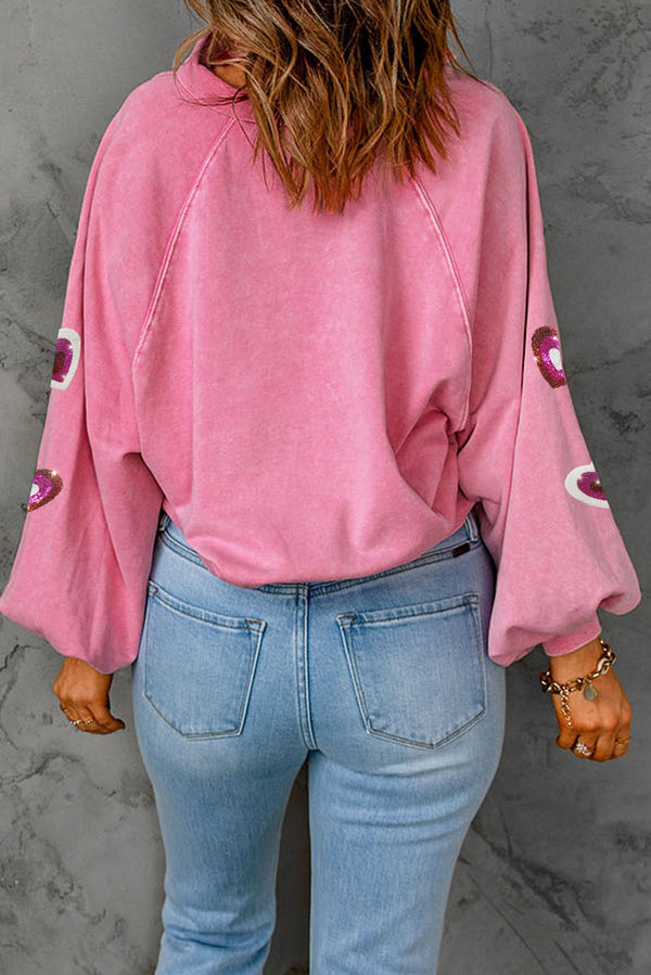 Devon Heart Sequin Half Snap Mineral Wash Sweatshirt