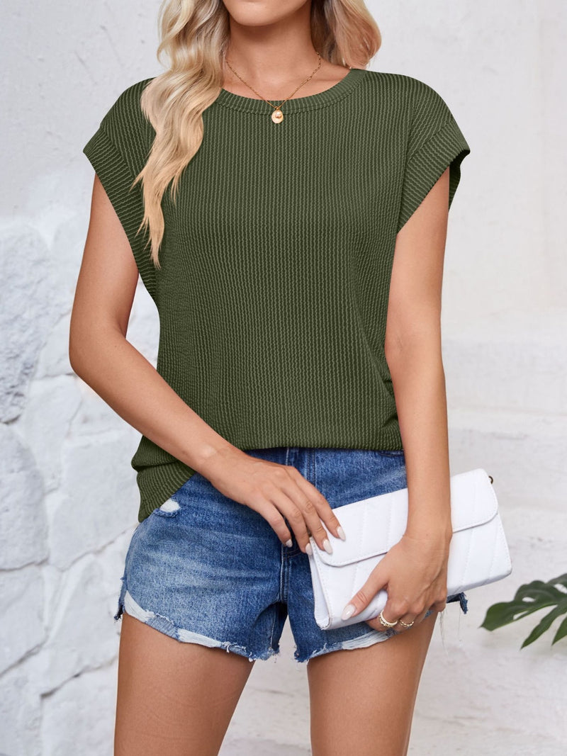 Lynn Textured Round Neck Cap Sleeve Blouse