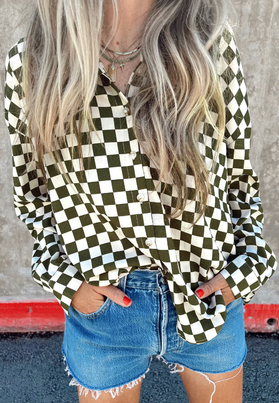 Daphnie Checkered Collared Neck Long Sleeve Shirt