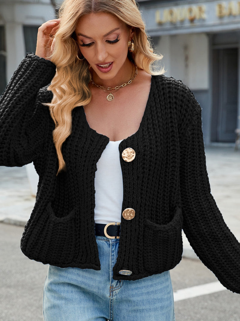 Katie Round Neck Button Up Cardigan with Pockets