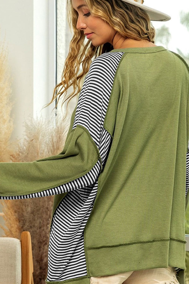 Kelly Striped Exposed Seam Half Button Sweatshirt