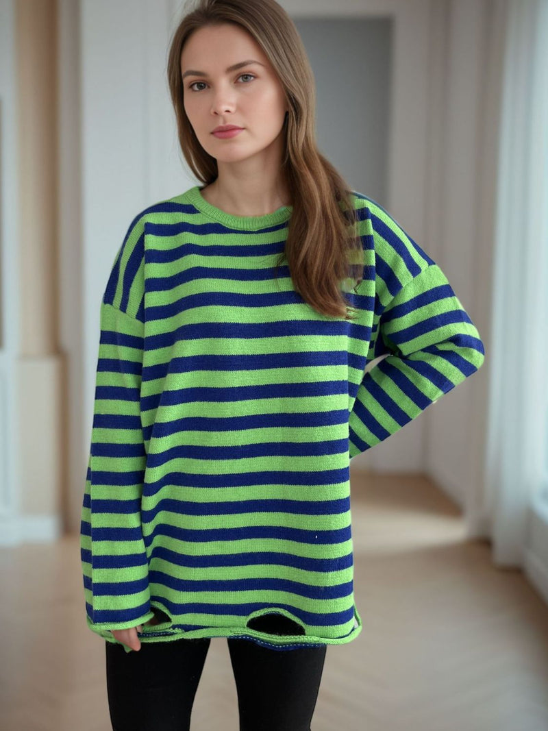 Luna Distressed Striped Round Neck Long Sleeve Sweater