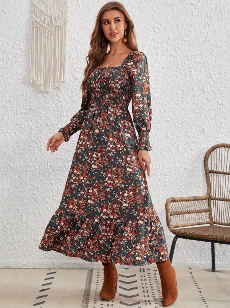 Cecilia Smocked Floral Square Neck Long Sleeve Dress