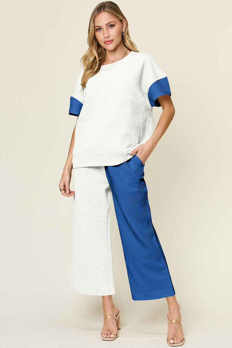 Avis Double Take Full Size Texture Contrast T-Shirt and Wide Leg Pants Set