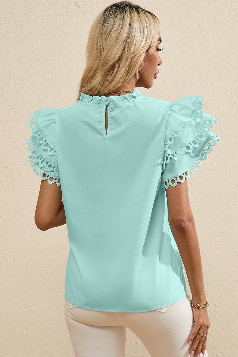 Bailey Ruffled Eyelet Round Neck Cap Sleeve Blouse