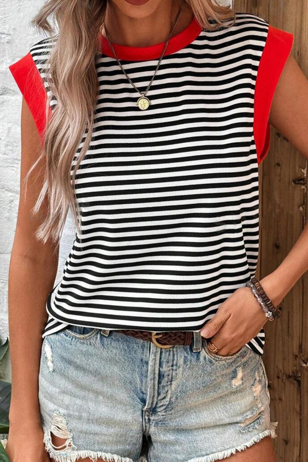 Tallyn Striped Round Neck Cap Sleeve Top