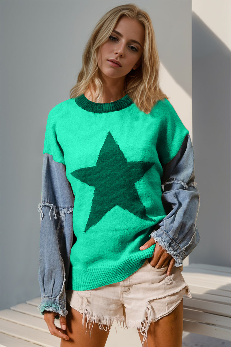 Everly Double Take Full Size Star Pattern Raw Edge Long Sleeve Sweater