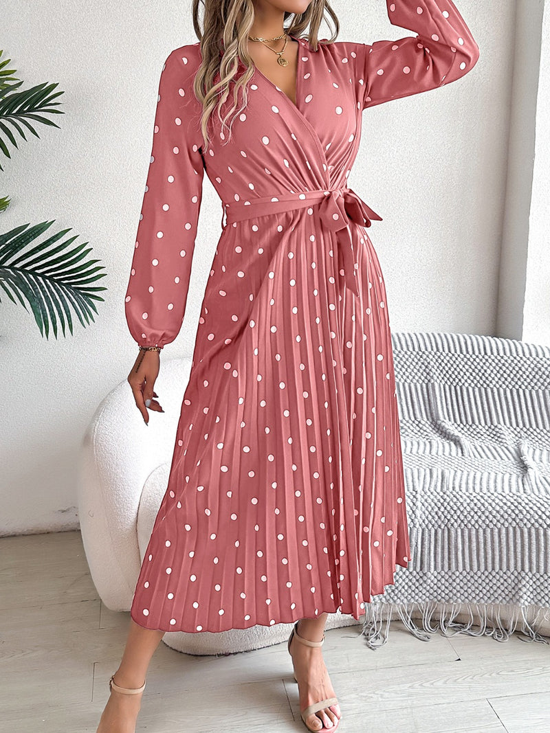 Carrie Tied Polka Dot Long Sleeve Midi Dress