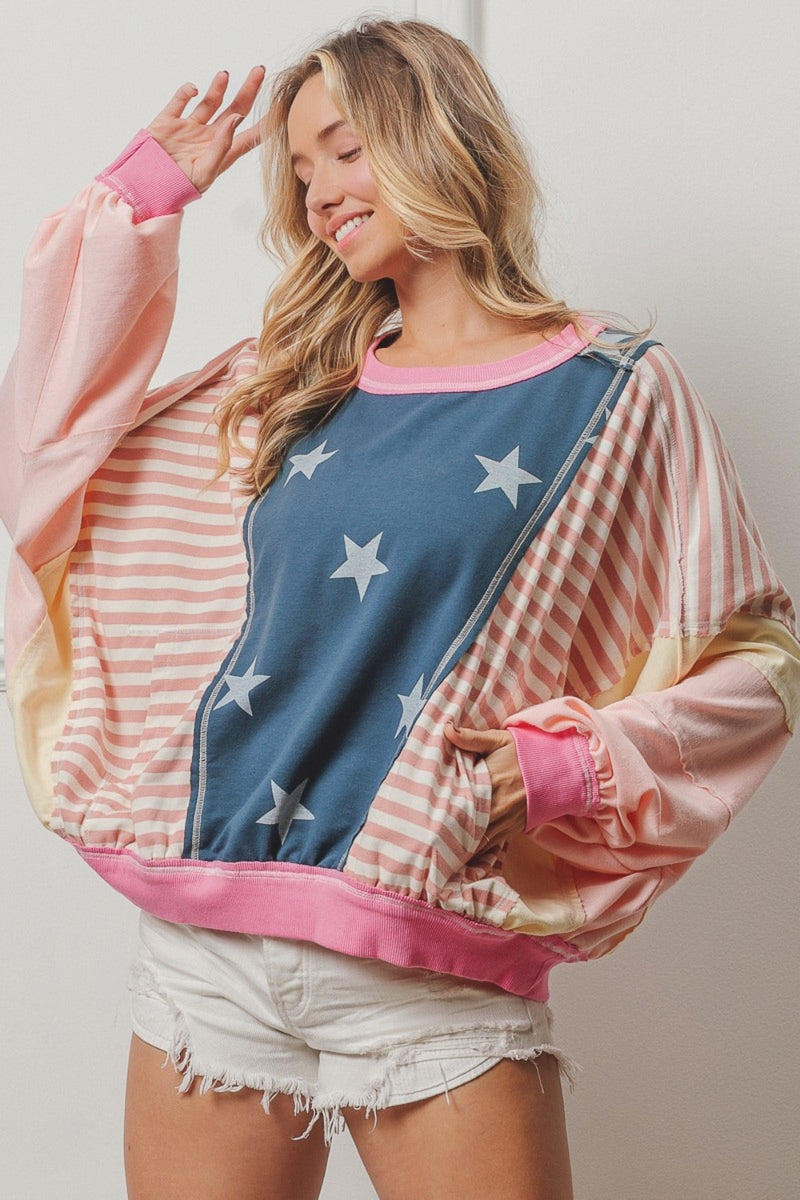 Alyse Stars and Stripes Round Neck Long Sleeve Top