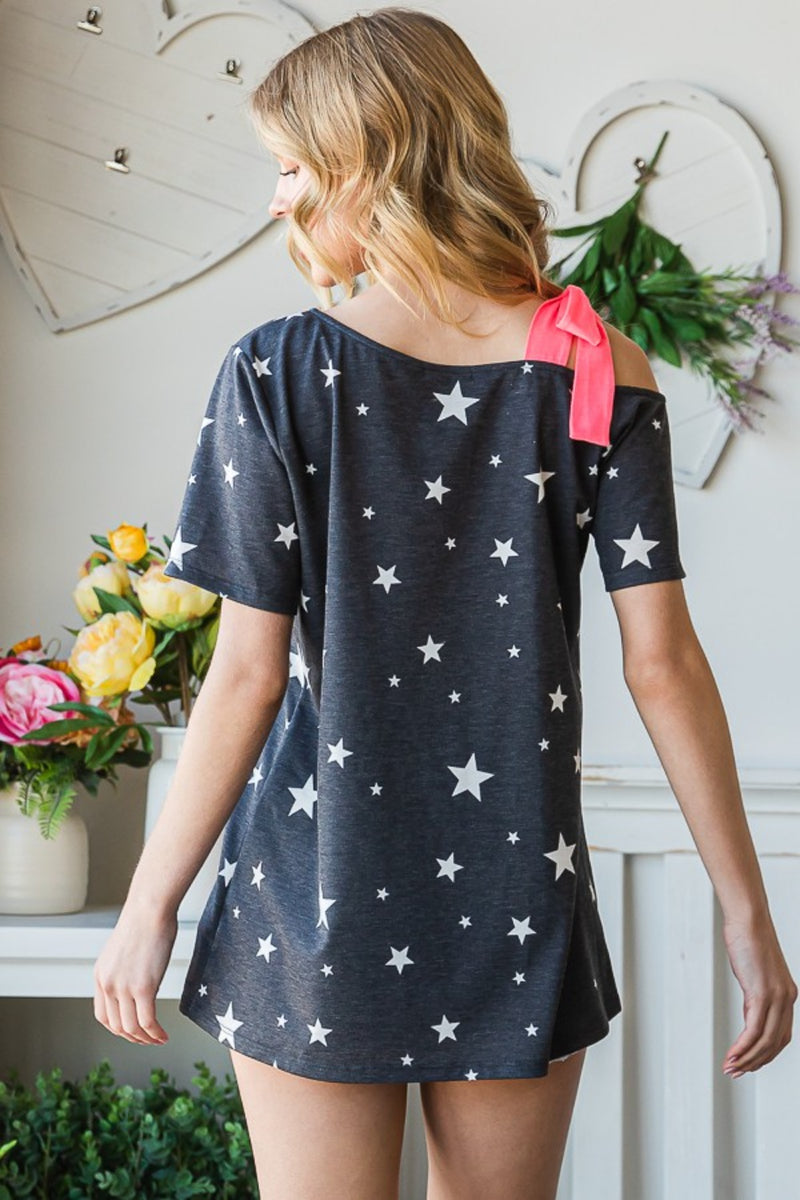 Ava Full Size Star Print Asymmetrical Neck Short Sleeve Top