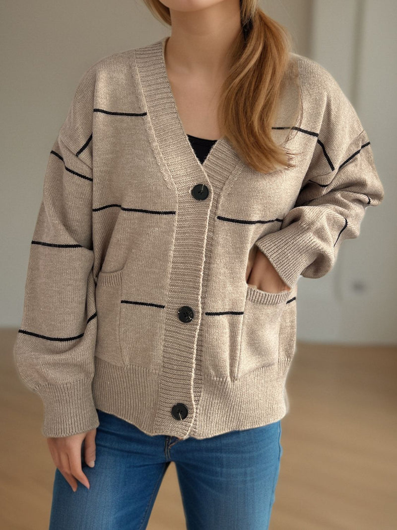 Lorelia Striped Button Down V-Neck Long Sleeve Cardigan