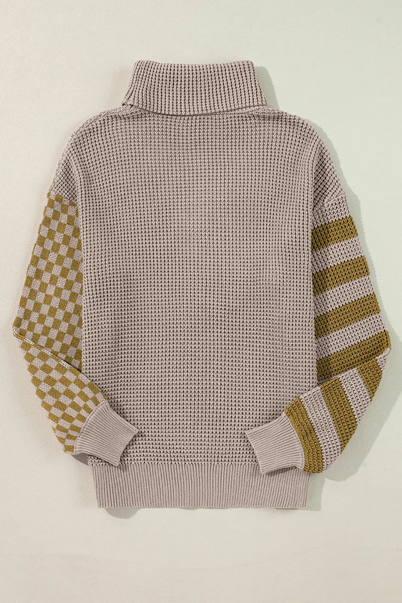 Tatum Checkered Striped Turtleneck Long Sleeve Sweater