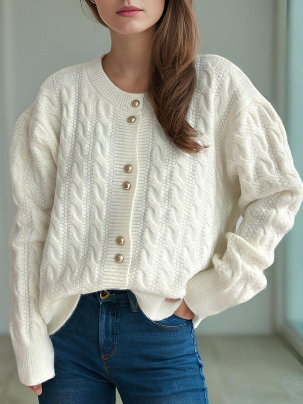 Frankie Cable-Knit Round Neck Long Sleeve Cardigan