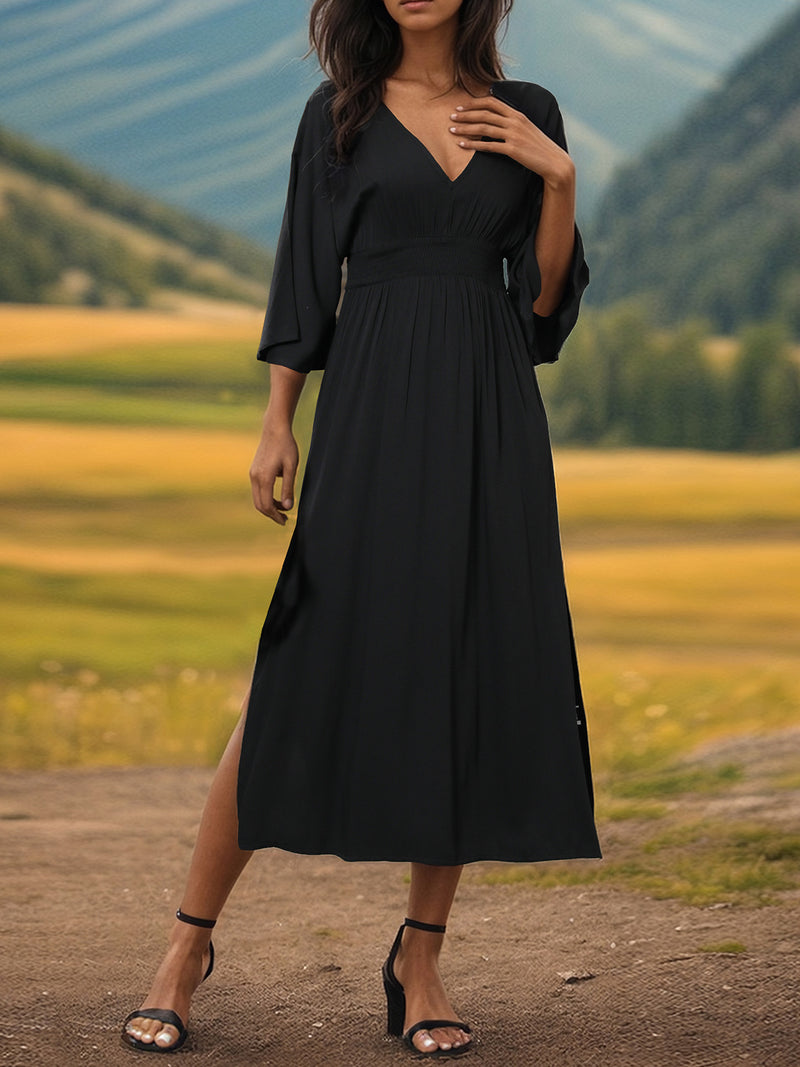 Laurel Slit V-Neck Long Sleeve Midi Dress