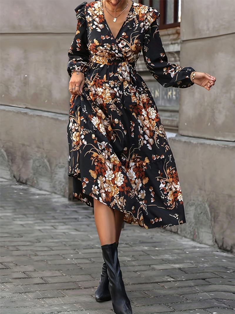 Sofia Ruffled Printed Surplice Long Sleeve Midi Dress