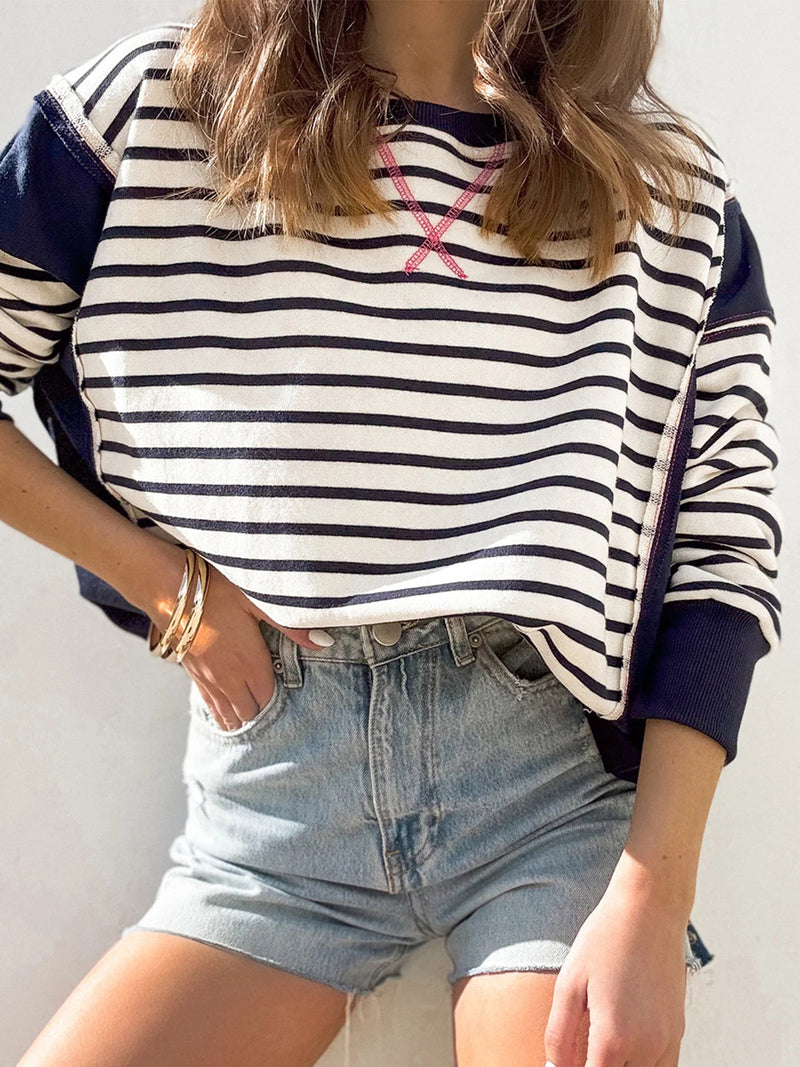 Chalesa Slit Exposed Seam Striped Long Sleeve Sweatshirt