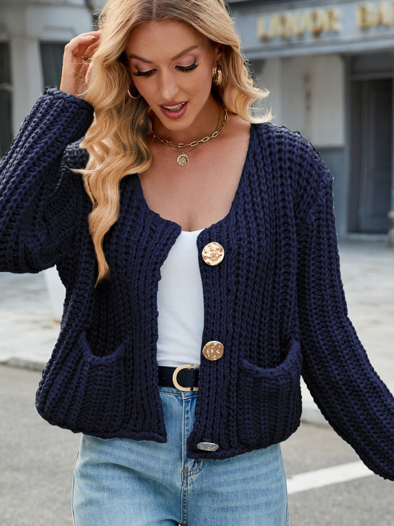 Katie Round Neck Button Up Cardigan with Pockets