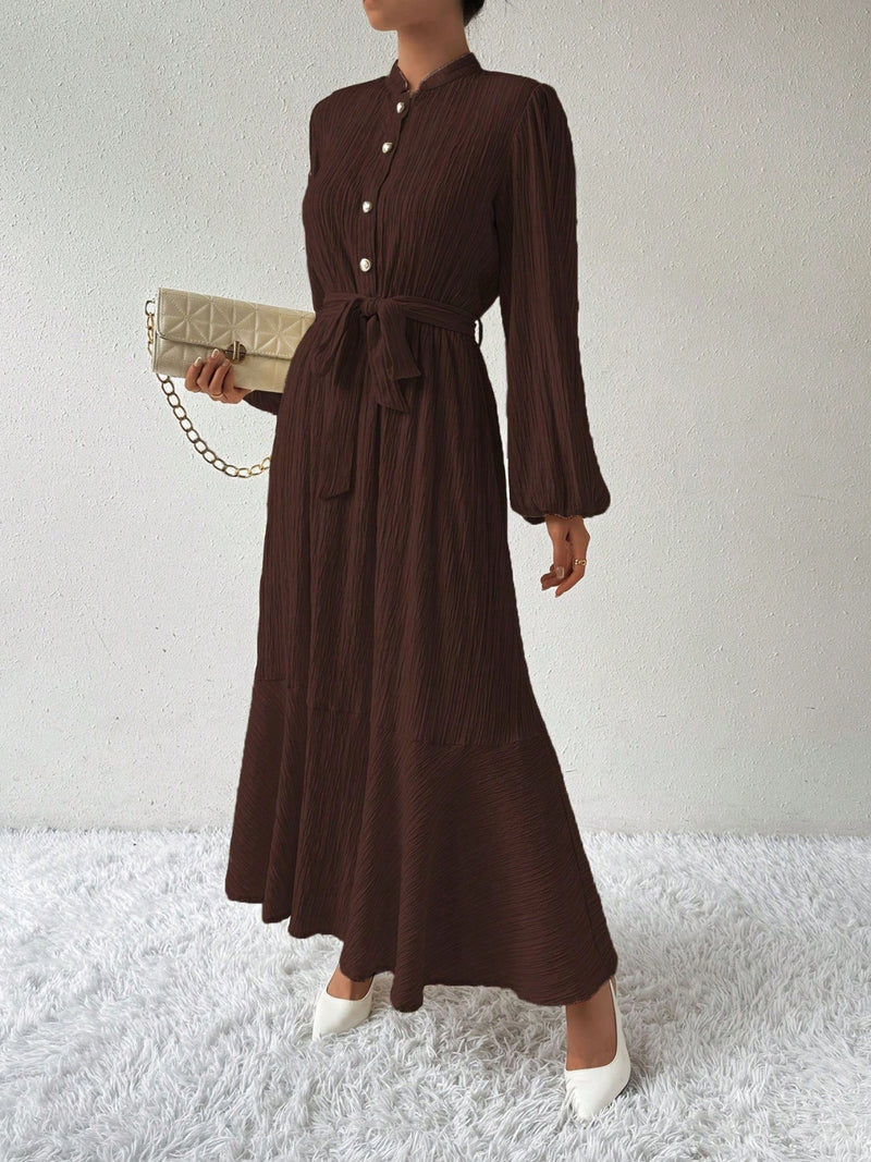 Thea Half Button Tie Waist Long Sleeve Maxi Dress