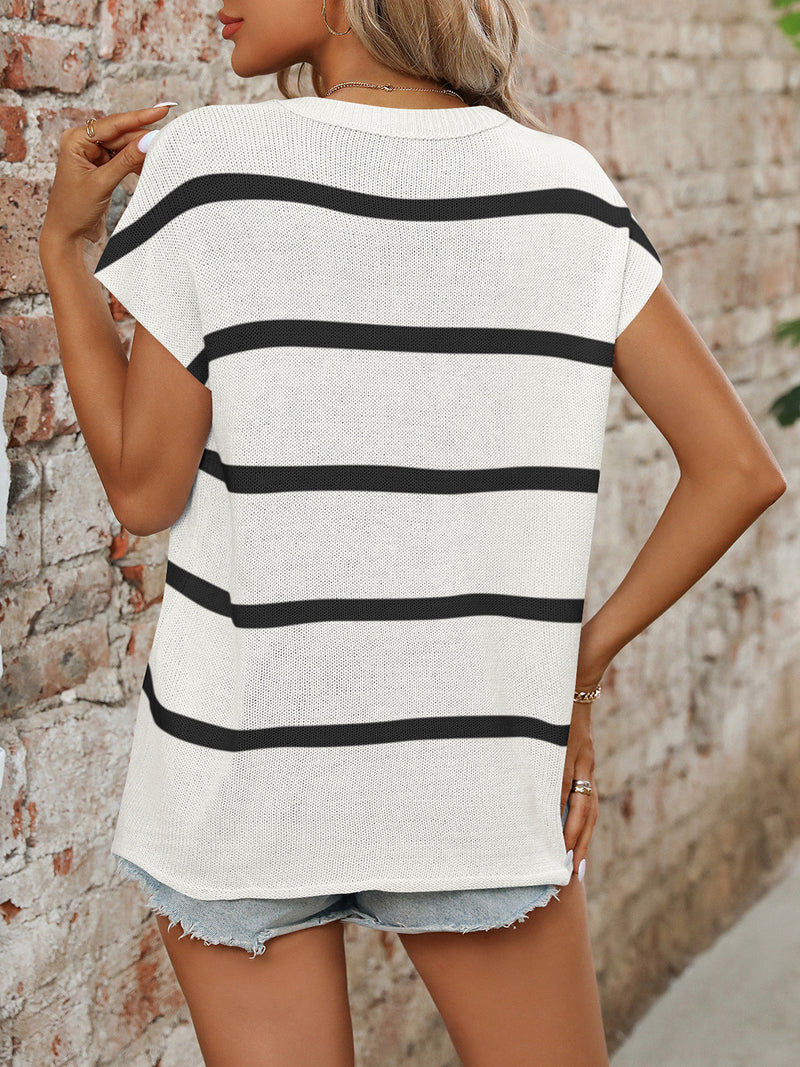 Vanna Striped Round Neck Short Sleeve Knit Top