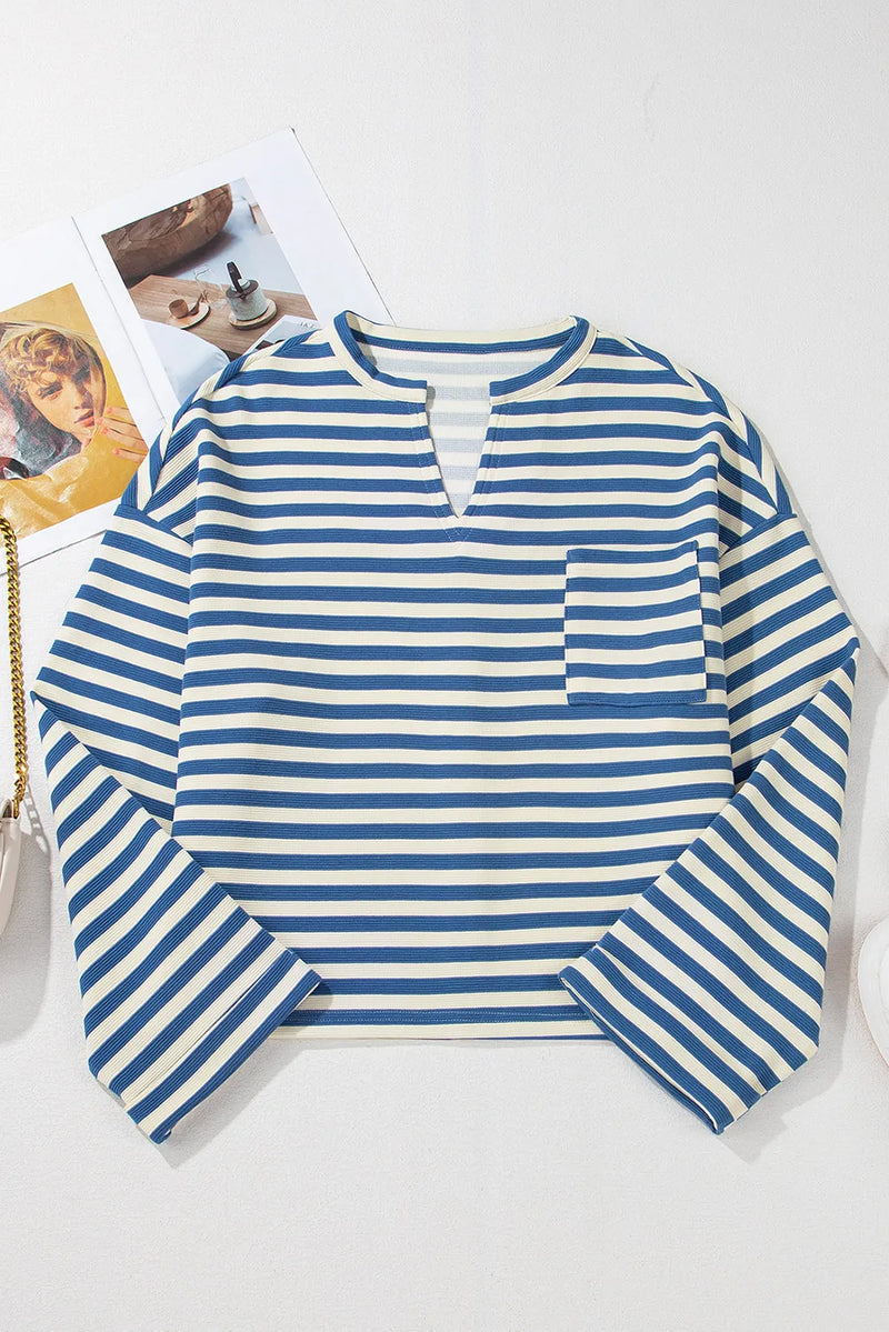 Garrison Striped Notched Long Sleeve Top