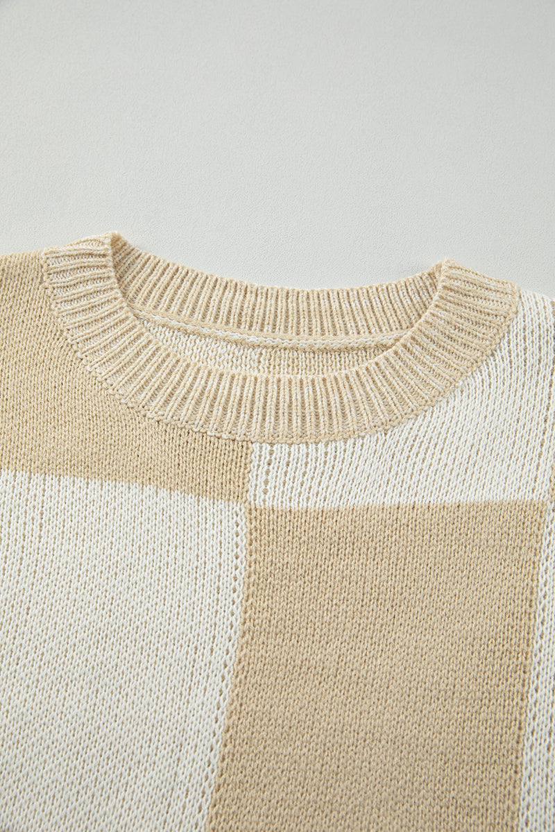 Amber Checkered Round Neck Drop Shoulder Sweater