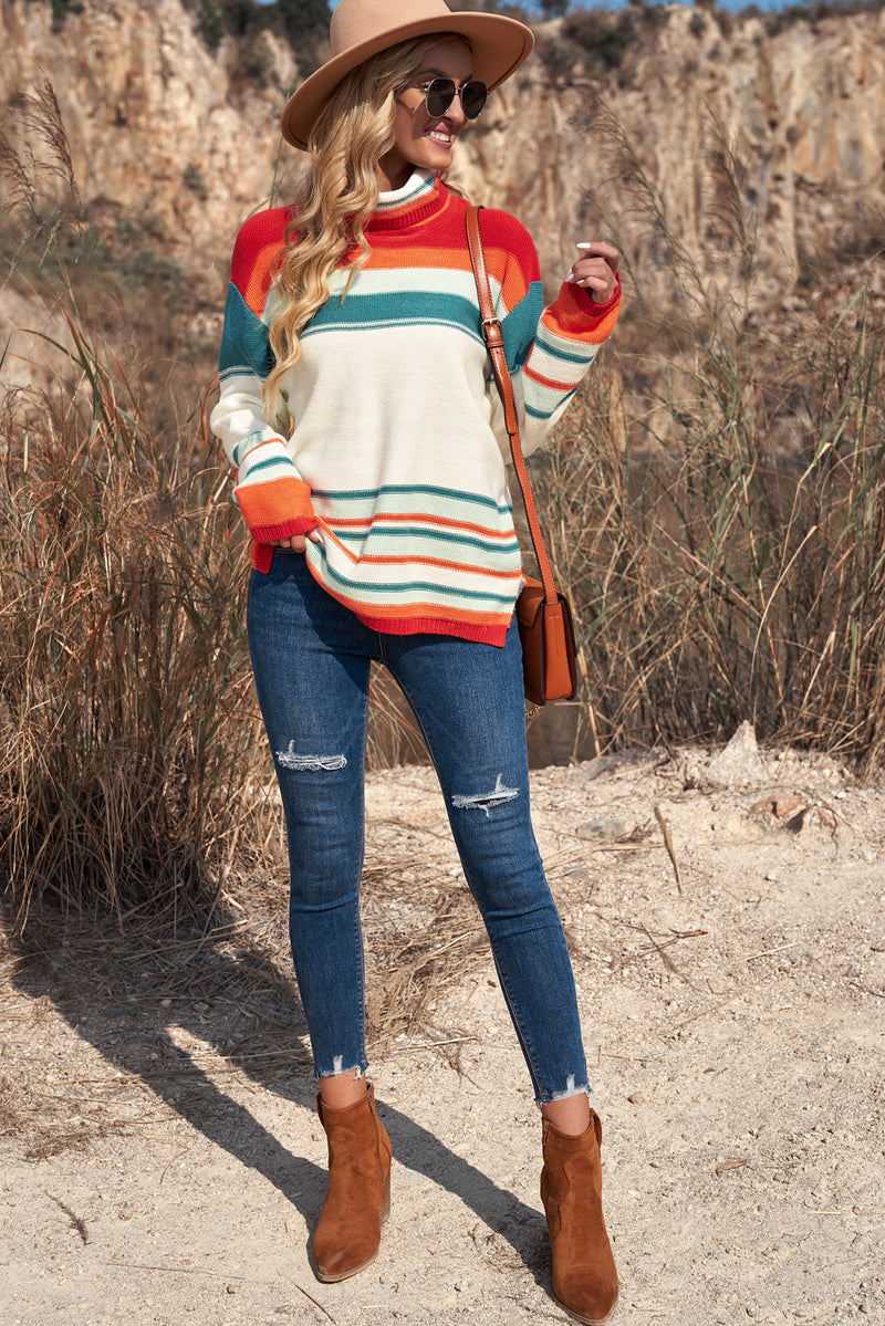 Christine Contrast Striped Turtleneck Dropped Shoulder Sweater