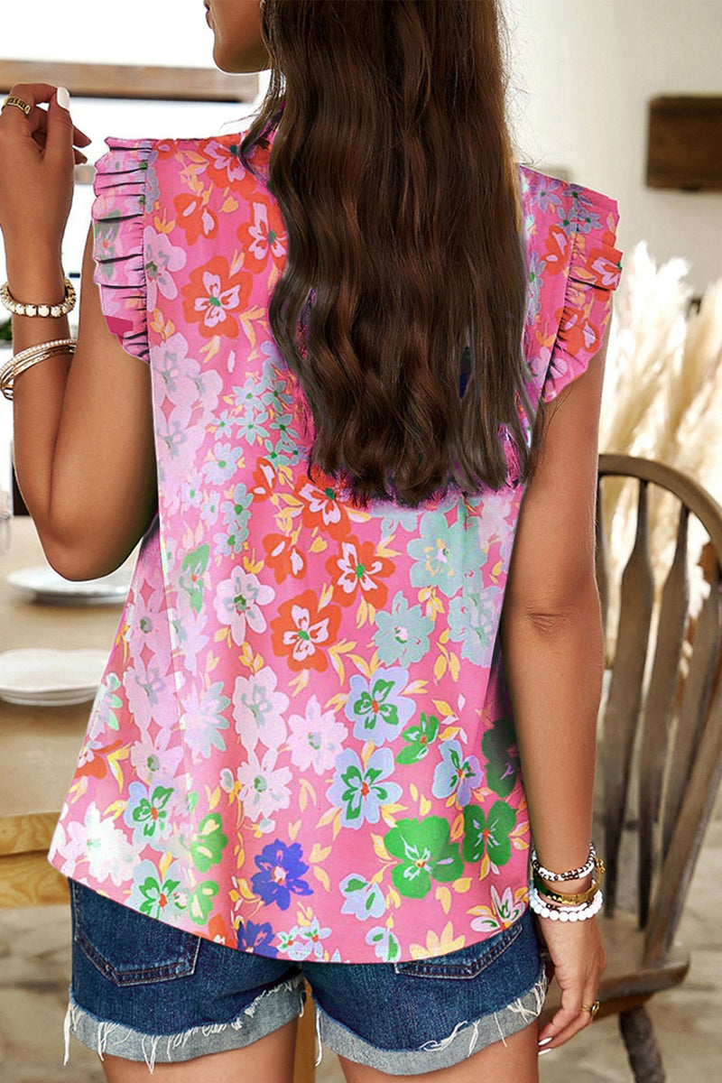 Carter Ruffled Printed Mock Neck Cap Sleeve Blouse