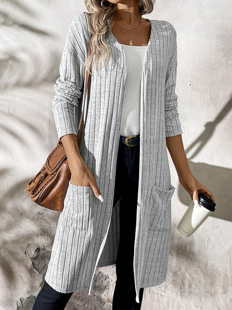 Hannah Ribbed Open Front Long Sleeve Cardigan with Pockets- Deal of the Day!