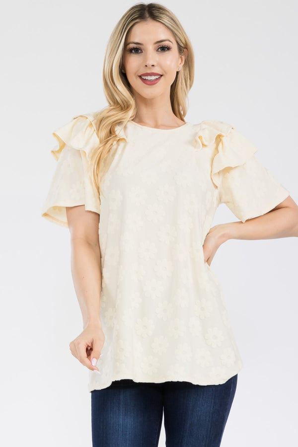 Tatum Full Size Ruffle Layered Short Sleeve Daisy Floral Top