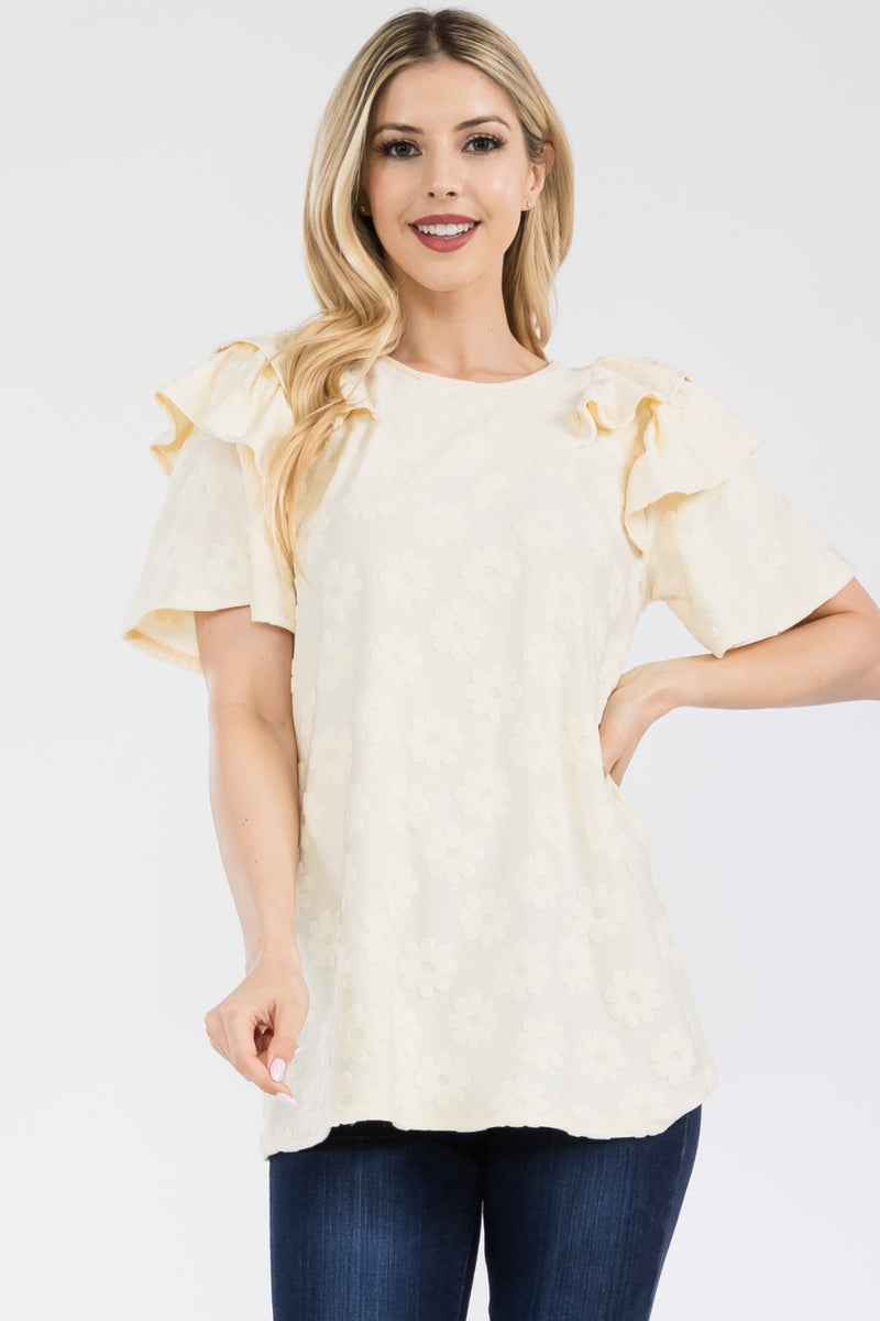 Tatum Full Size Ruffle Layered Short Sleeve Daisy Floral Top