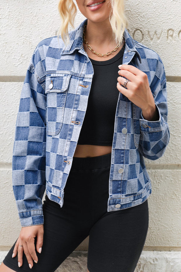 Zoe Checkered Button Up Long Sleeve Denim Jacket