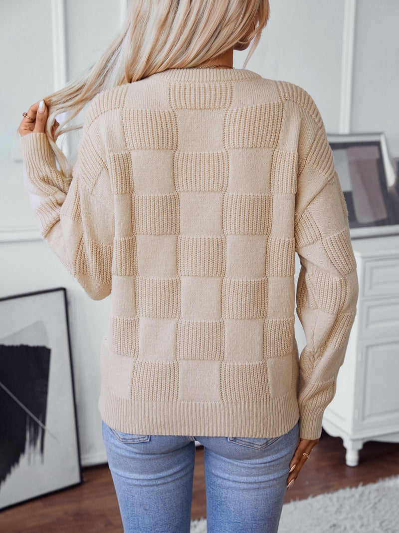 Kenny Checkered Round Neck Long Sleeve Sweater- Deal of the Day!