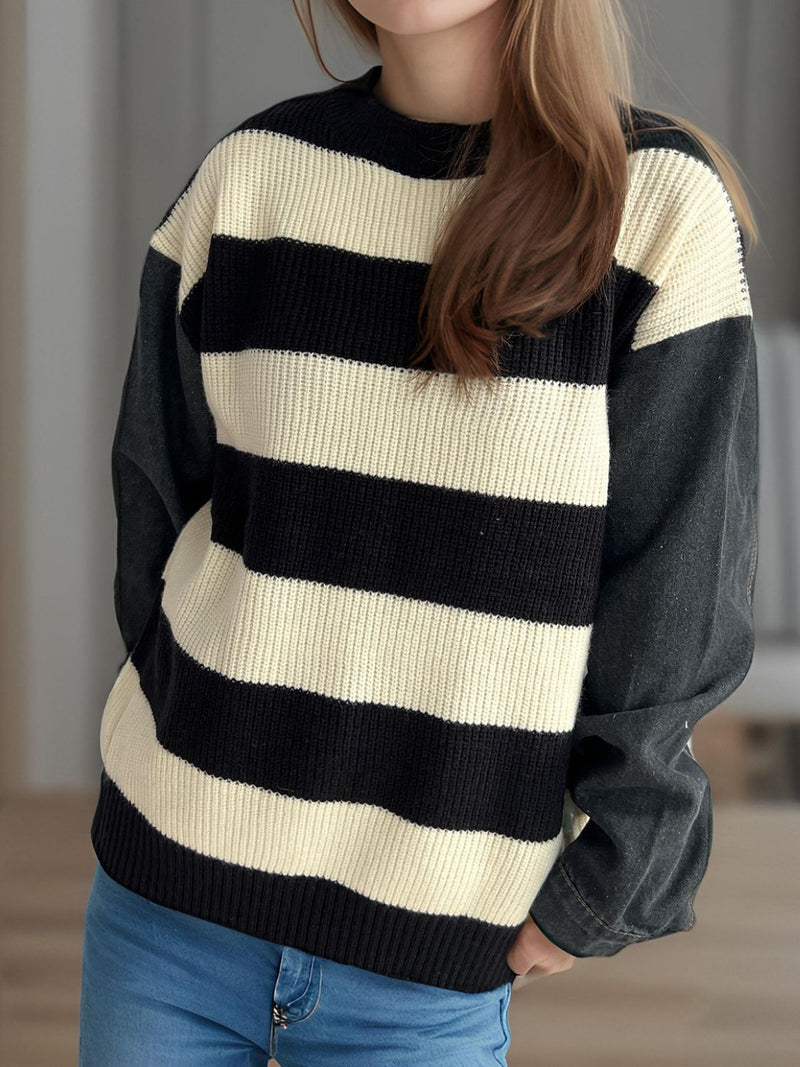 Ava Contrast Round Neck Long Sleeve Sweater