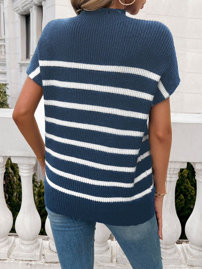 Pamela Striped Mock Neck Short Sleeve Sweater