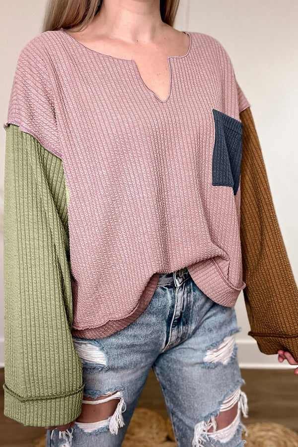 Amber Color Block Textured Notched Long Sleeve Top