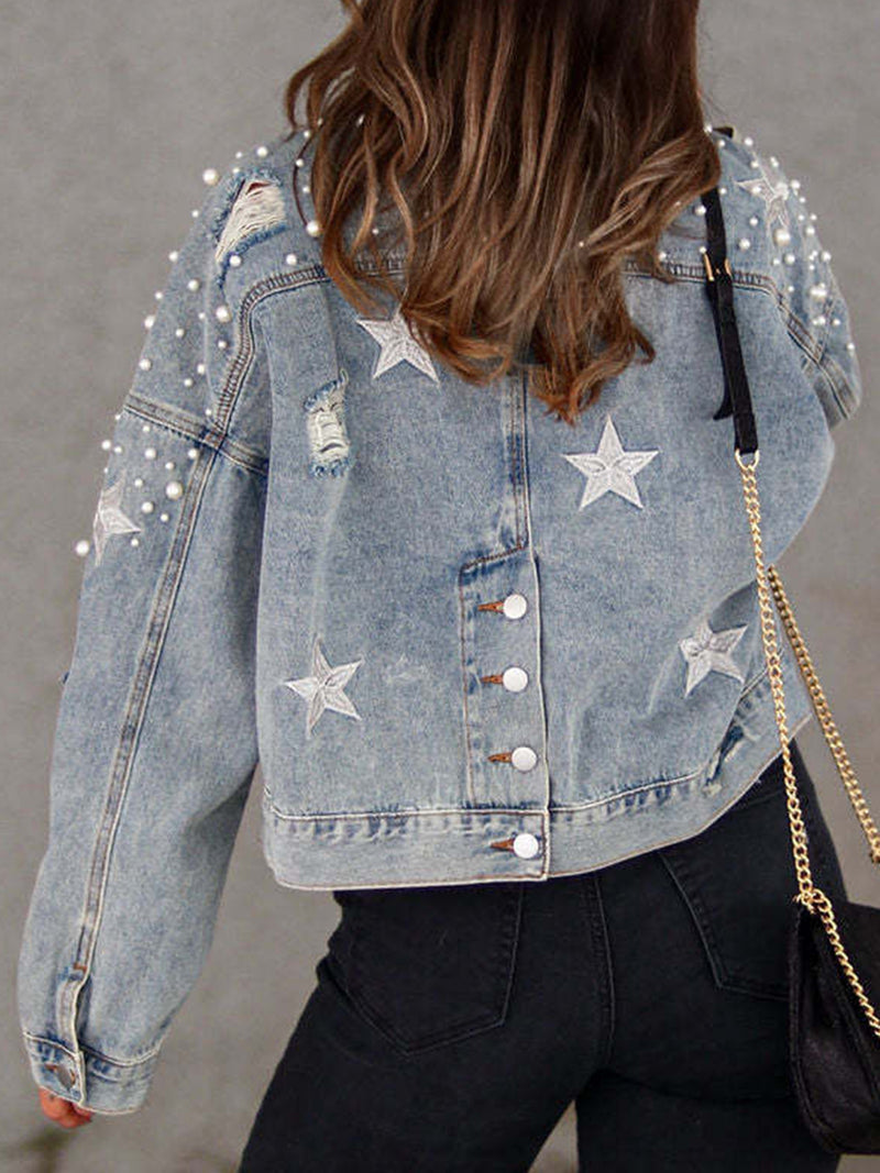 Sarah Pearl Trim Button Up Denim Jacket with Pockets