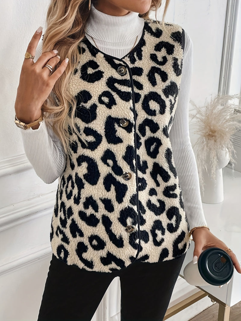 Raleigh Leopard Button Up Sherpa Vest