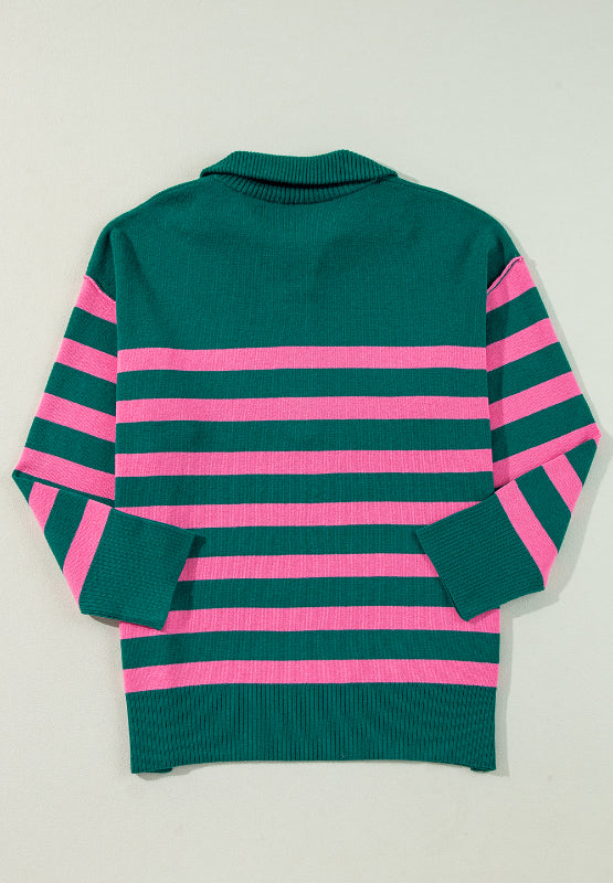 Salem Contrast Striped Quarter Zip Long Sleeve Sweater