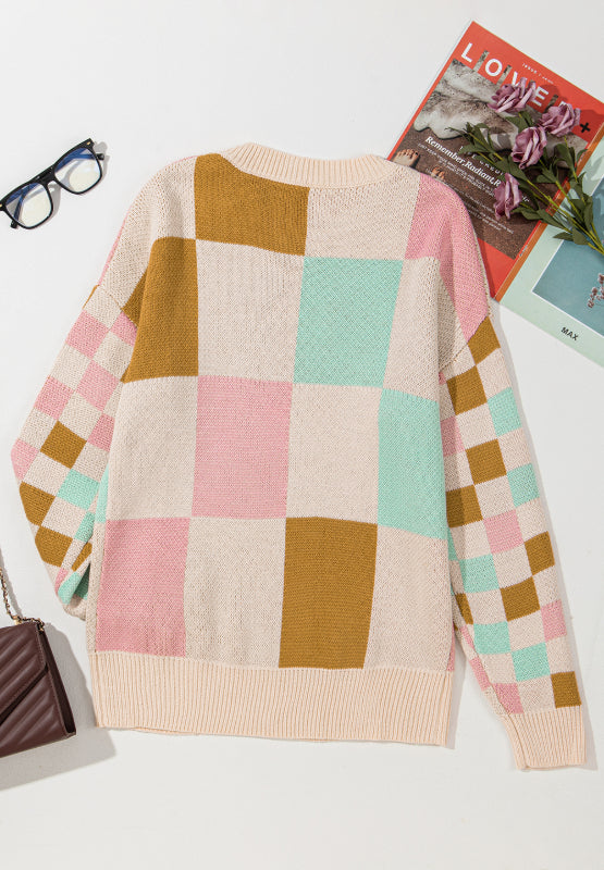 Amber Checkered Round Neck Drop Shoulder Sweater