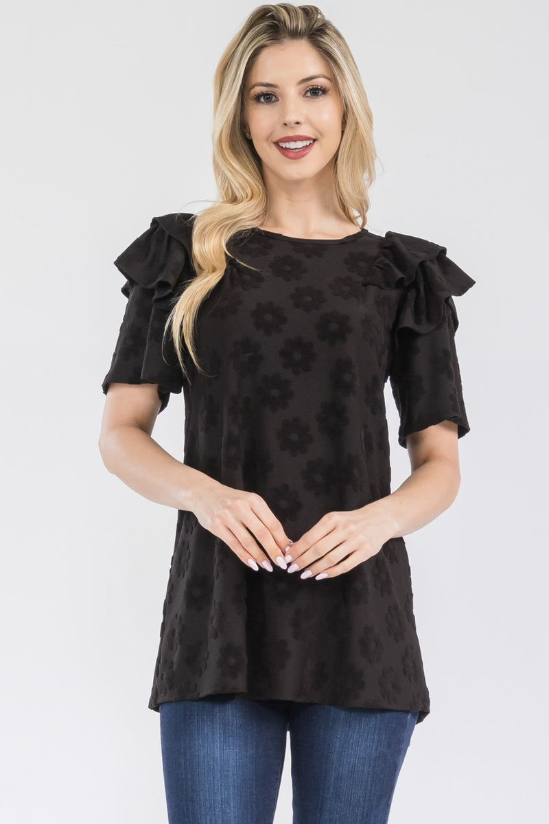 Tatum Full Size Ruffle Layered Short Sleeve Daisy Floral Top