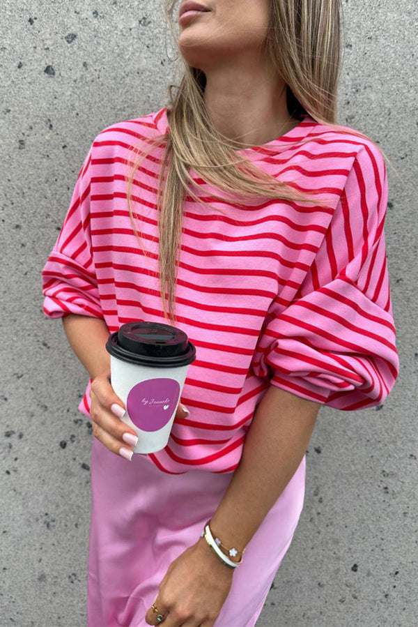 Abbie Striped Round Neck Long Sleeve Sweatshirt