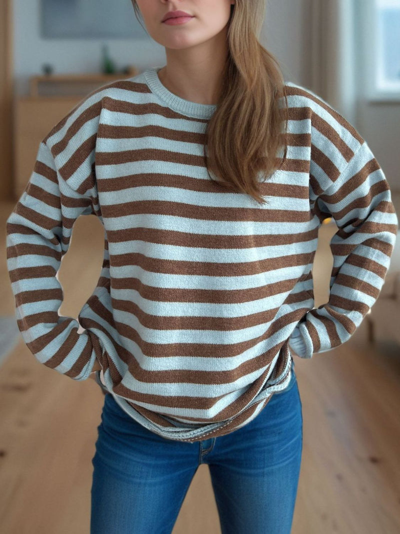 Luna Distressed Striped Round Neck Long Sleeve Sweater