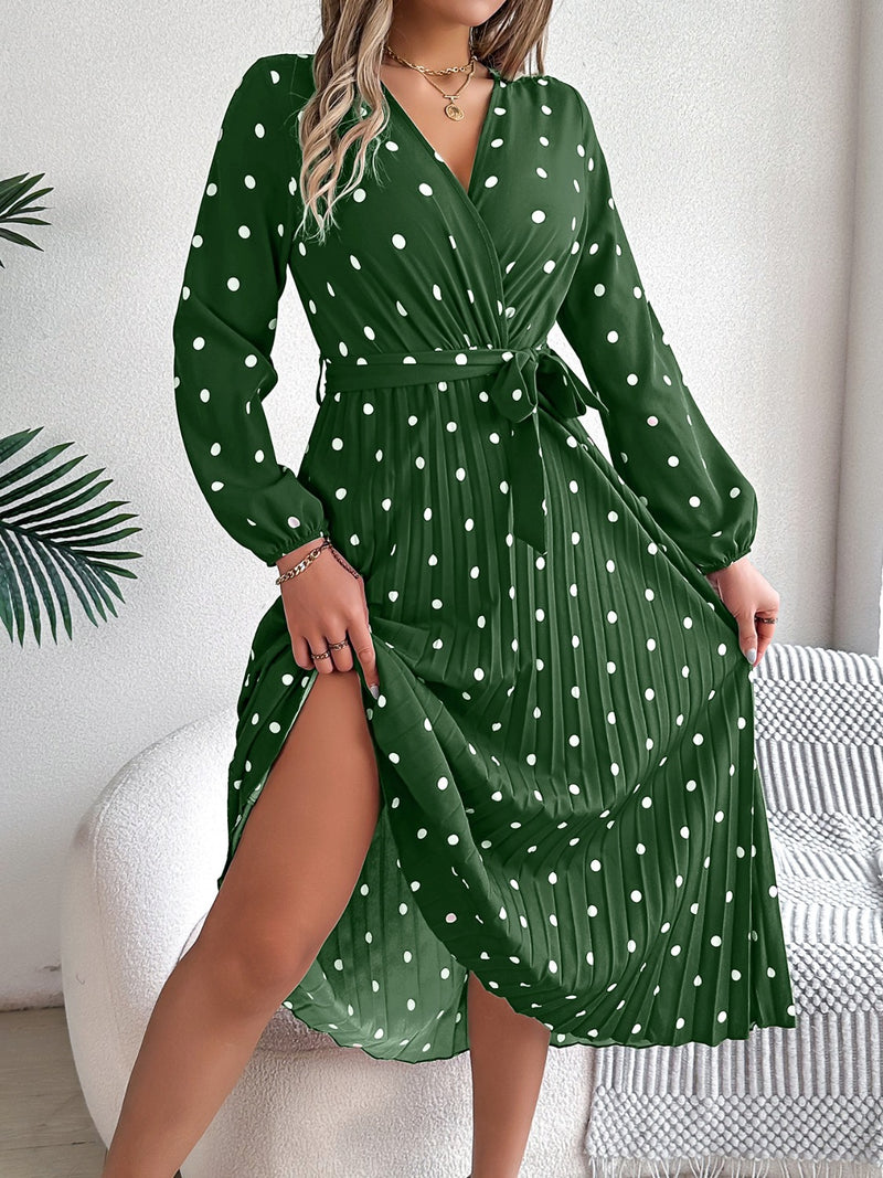 Carrie Tied Polka Dot Long Sleeve Midi Dress