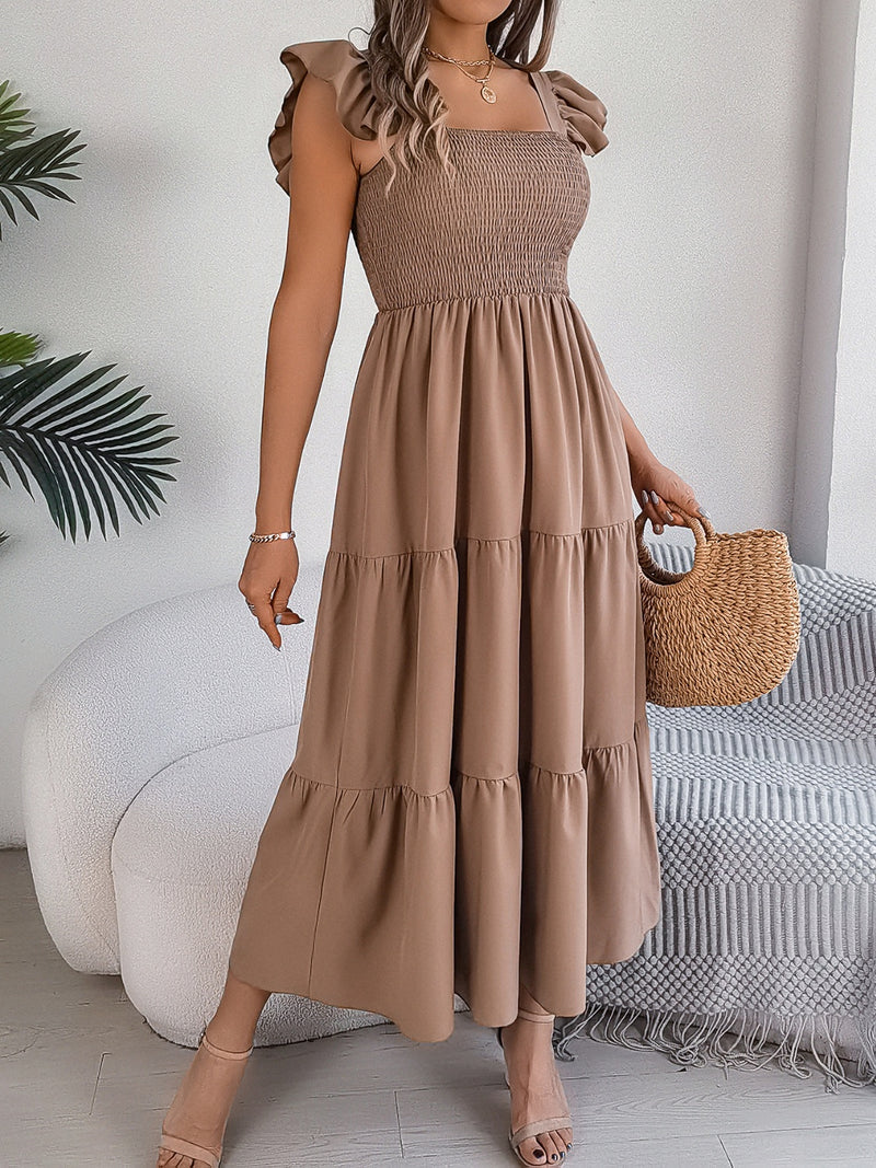 Perry Smocked Square Neck Cap Sleeve Midi Dress