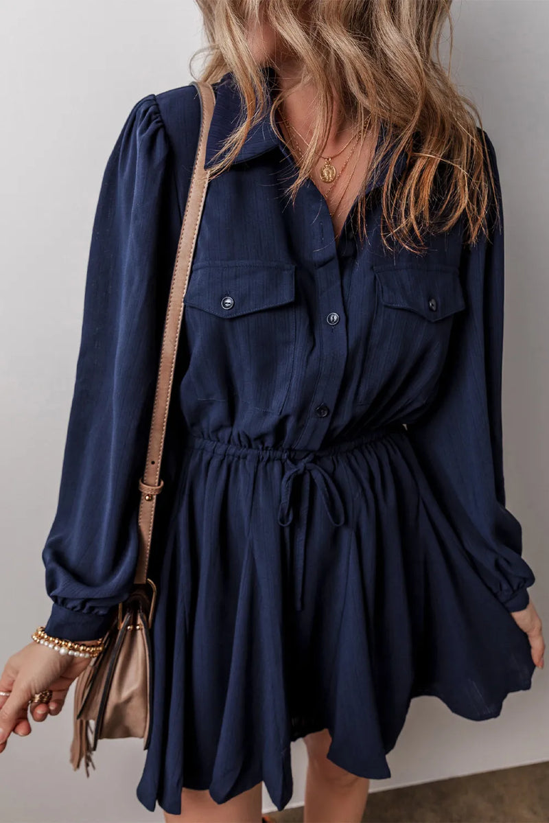 Nola Drawstring Half Button Long Sleeve Dress